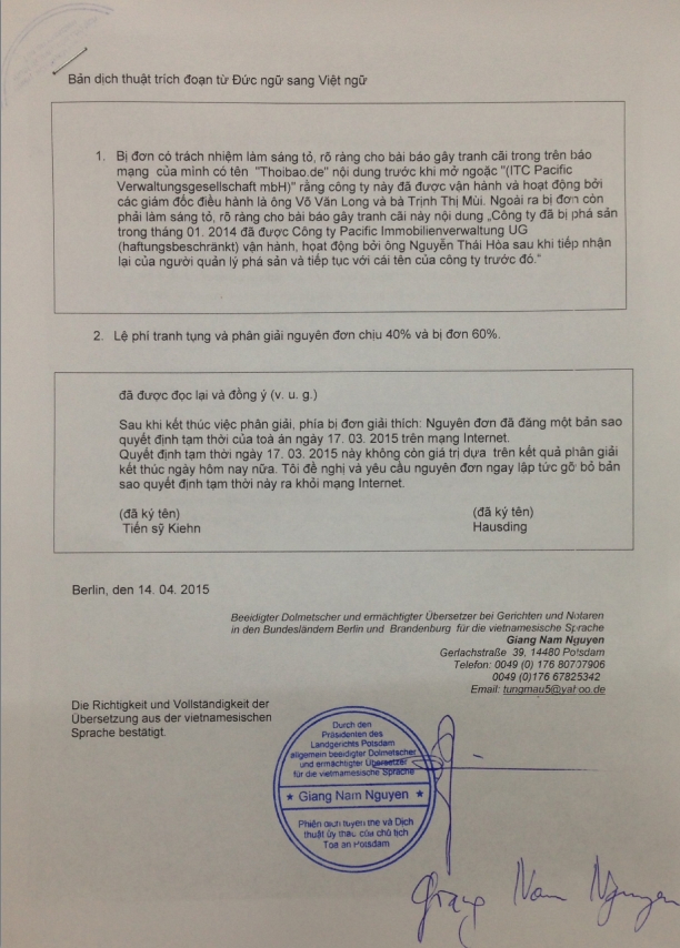 Bản dịch sang tiếng Việt phân giải của Tòa án Đức ngày 7/4/15 (Dịch công chứng tại Đức) . 