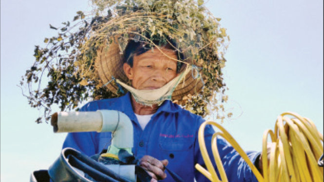 Nắng nóng như đổ lửa, ông Hồ Viết Cang (thôn Nam Hà 1, xã Điện Trung, huyện Điện Bàn, Quảng Nam) dùng cỏ dại kết vào chiếc nón cho bớt nóng - Ảnh: Lê Trung