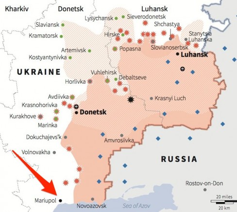 Bản đồ của phía đông Ukraine xác định vị trí các điểm nóng gần đây giữa quân ly khai thân Nga và lực Ucraine, bao gồm chuyển vùng điều khiển bằng kẻ nổi loạn và xác định vị trí hiện diện của đơn vị quân đội Nga trong khu vực này.