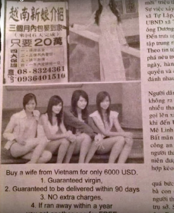 Tờ rơi quảng cáo lấy cô dâu Việt đã từng thấy nhan nhản trước đây, tuy nhiên sau khi chính phủ Đài Loan tuyên bố hôn nhân theo mối giới là bất hợp pháp thì những tờ rơi này đã dần ít đi (Ảnh chụp màn hình clip