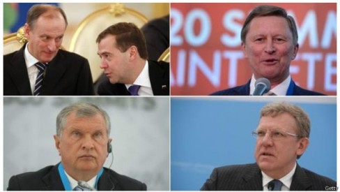 Theo chiều kim đồng hồ, từ ảnh trên cùng bên trái: Nikolai Patrushev và Dmitry Medvedev, Sergei Ivanov, Alexei Krudin, Igor Sechin
