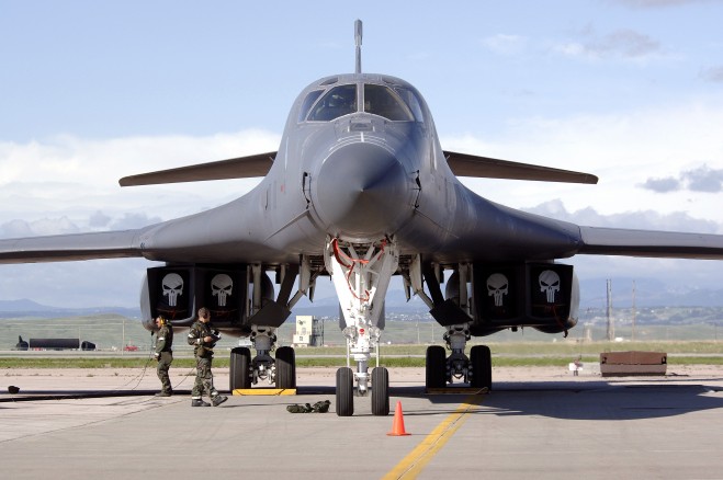 A B-1 Lancer awaits a pre-flight inspection at Ellsworth Air Force Base, S.D., on Tuesday, May 23, 2006. The base is undergoing an exercise named Badlands Express 06-03 in preparation for an operational readiness inspection in July. (U.S. Air Force photo/Senior Airman Michael B. Keller)