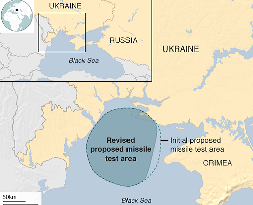  Phạm vi Ukraina khoanh vùng tập trận tên lửa gần Crimea. Đồ họa: BBC.